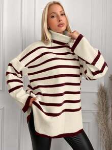 EURMUSE Maglione casual a maniche lunghe da donna con collo alto e motivo a righe - Multicolore - Visualizzare 3