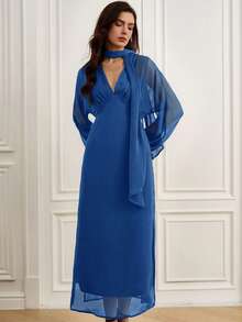 EMERY ROSE Elegant, Sophisticated, And Stylish V-Neck Long Sleeve Dress With Tie Waist And Slit Hem Design For Women - Blue - View 4