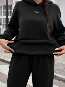 Muchica New Casual Hoodie Sweatshirt & Pants 2 Pieces Set, Versatile For Outings, Daily Wear, Dates, Loose Fit, Black, Plus Size - Black - View 7