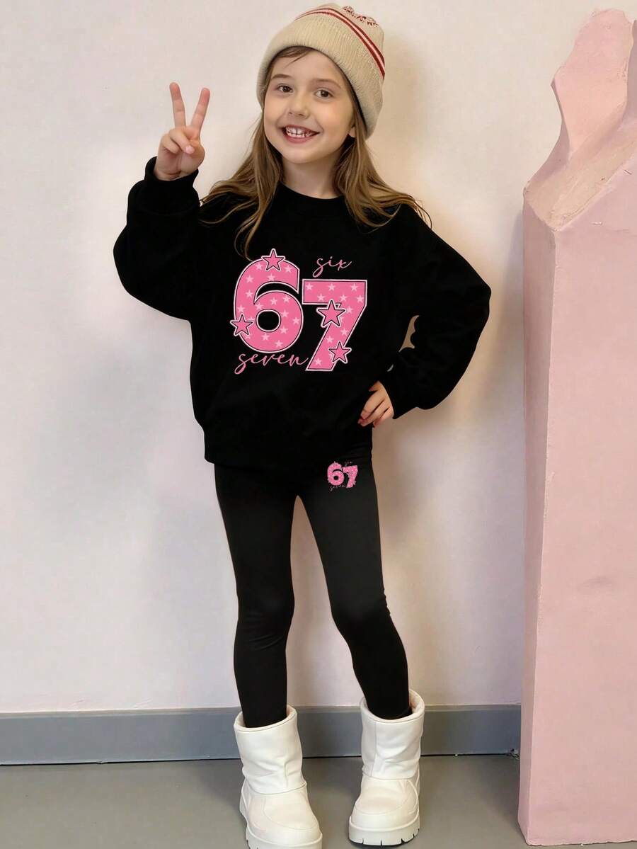 Sparklyn 2pcs/Set Number 67 Graphic Print Top, Tween Girl Crew Neck Sweatshirt And Leggings Set, Fashionable Casual, Suitable For Autumn/Winter - Black - View 1