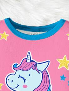 Snug Fit  Little Girls Fitted Loungewear 2-Piece Set - Pink Blue Unicorn Pajamas Glow UV Unicorn Star Print Crew Neck Design Pink Blue Dreamy Unicorn Color Elastic Fitted Fabric Long Sleeve Crew Neck Fitted Top Cuffed Pants Unicorn Star Combo Social Media Style Dreamy Unicorn Spring Summer Autumn Winter Holiday Essential Little Girls Fitted Home Set .This Product Requires UV Light Exposure To Glow. - Multicolor - View 5