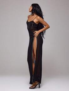 MUSERA Chrome Studded Semi Sheer Crochet Knit Maxi Dress Autumn Fall Winter Night Out Elegant Sexy  Party Occasion Premium Midnight Alloy Carnival Vacation - Black - View 3