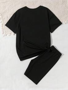 SHEIN Sparklyn 2pcs Teenage Girls Casual Versatile Cycling Pants Set, School, Campus, College - Black - View 3