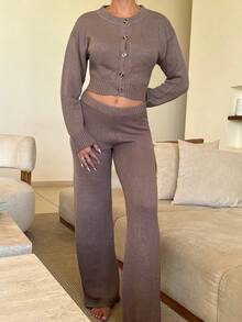 Mélanie ORL 2pcs/Set Women's Woolen Loose Home Two Pieces Long Sleeve Casual Sweater And Pants Set Comfortable Simple Solid Button-Down Cardigan And Pants,Women's Fall Clothes ,Petite Women - Brown - View 6