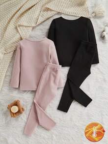 Genkimix Kids 2件套女童保暖内衣长袖上衣和裤子，黑色和粉色