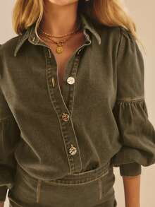 Aralina Women's Fashion Commuter Lantern Sleeve Denim Blouse - Army Green - View 5