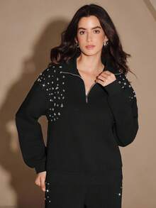 Anewsta Fashionable Embellished Beaded Loose Fit Pullover Sweatshirt, Grey, For Women, Autumn/Winter, Christmas - Black - View 3