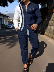 Manfinity Homme 男士字母印花条纹长袖衬衫和长裤休闲套装，蓝白配色，适合男士俱乐部、夜店等场合，男女皆宜。这款两件套休闲套装，风格经典，适合日常休闲、周末旅行、户外活动、探险旅行、轻松的工作环境或半正式场合，也是送给男友/丈夫、周年纪念/生日、派对、圣诞节、新年、婚礼等场合的理想之选。 - 彩色 - 查看 1