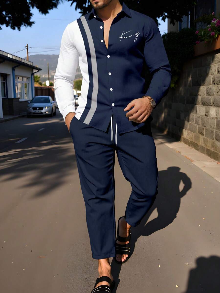 Manfinity Homme 男士字母印花条纹长袖衬衫和长裤休闲套装,蓝白配色,适合男士俱乐部、夜店等场合,男女皆宜。这款两件套休闲套装,风格经典,适合日常休闲、周末旅行、户外活动、探险旅行、轻松的工作环境或半正式场合,也是送给男友/丈夫、周年纪念/生日、派对、圣诞节、新年、婚礼等场合的理想之选。 - 彩色 - 查看 1