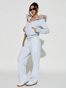 SHEIN PETITE 2 Pieces Women's Autumn Winter Casual Plush Thickened Fur Collar Hoodie And Sweatpants Set Halloween Costumes Women Christmas Costumes Gothic Women's Clothing,Fall - Grey - View 7