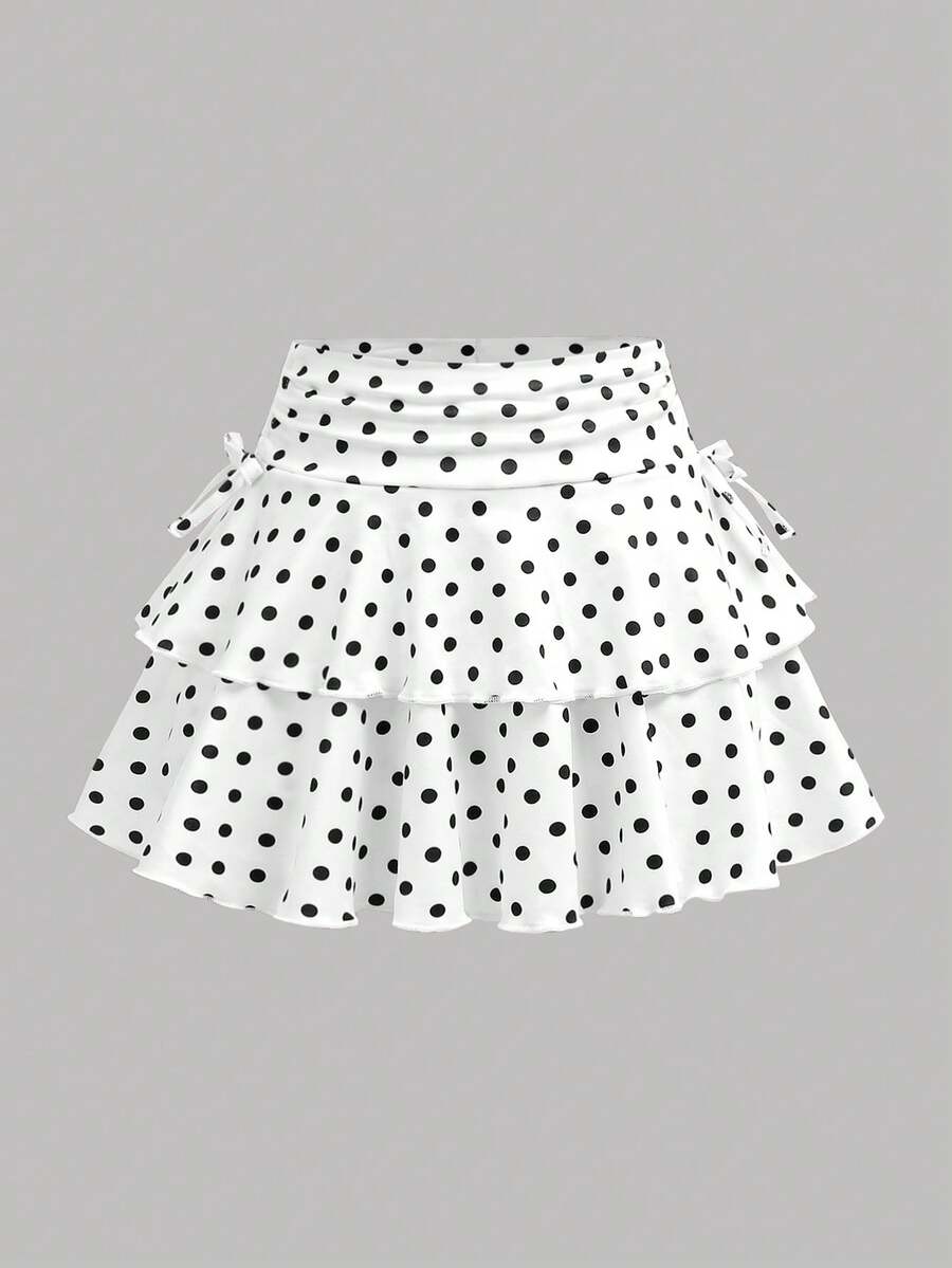Girlism Tween Girls' Polka Dot Ruched A-Line Mini Skirt, Summer - White - View 1