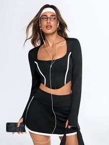 Eassivo Eassivo T-shirt de sport ajusté à manches longues et zip avant pour femmes - Noir - Voir 7