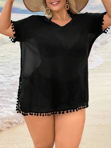 Swim Lushoire Plus Size Women Solid Color Pom Pom V-Neck Short Sleeve Coverup Summer 2026 Christmas New Year Party Beach Casual - Black - View 6
