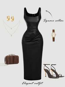 SHEIN MOD Große Größen PU-Leder Damen Braun Kleid, Cocktailkleider für Damen, Geburtstagskleid für Damen, Winterkleid, Herbstkleid, elegante Kleider für Partys, Abendkleid, Chic Hochzeitskleid - Schwarz - Übersicht 1