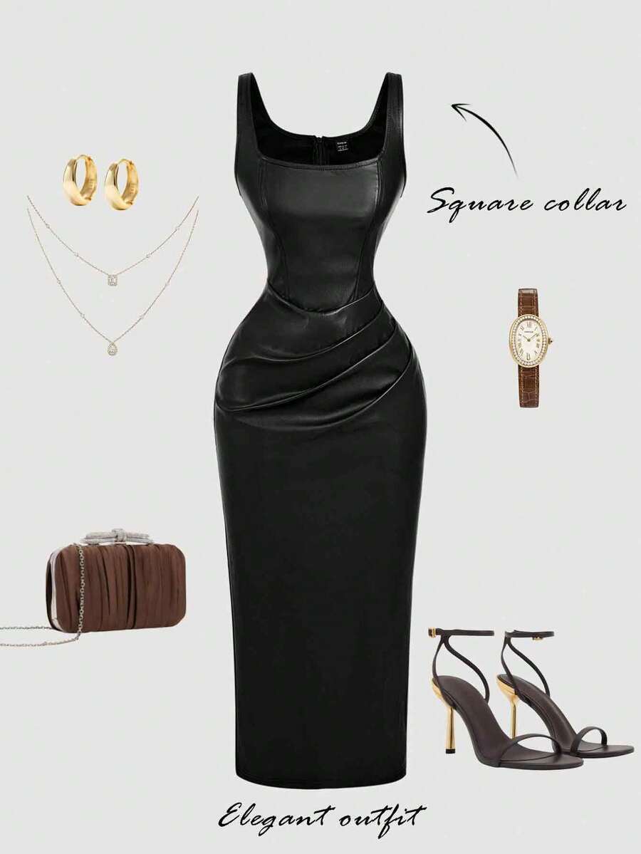 SHEIN MOD Große Größen PU-Leder Damen Braun Kleid, Cocktailkleider für Damen, Geburtstagskleid für Damen, Winterkleid, Herbstkleid, elegante Kleider für Partys, Abendkleid, Chic Hochzeitskleid - Schwarz - Übersicht 1