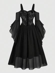 Sweetra Plus Size Printed Patchwork Bustier Tie Strap Flare Sleeve Dress - Black - View 1