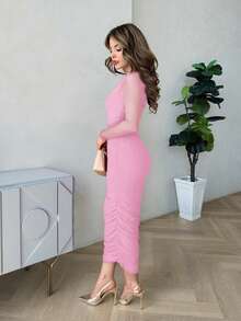 Vestido midi de fiesta elegante para mujer con mangas largas, ajustado, con acuchillado de tul, para otoño - Rosa Pálido - Ver 6