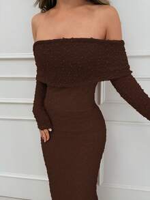 Jemour Apricot Open Shoulder Textured Knit Fabric Long Sleeve Fitted Dress, Suitable For Romantic Dates And Vacations - Coffee Brown - View 3