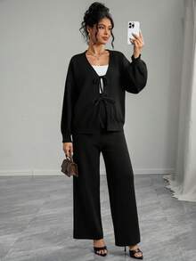 Momance 女士宽松针织套装，纯色上衣，前系带设计，秋冬开衫毛衣外套搭配纯色毛衣和裤子，孕妇毛衣套装 - 黑色 - 查看 1
