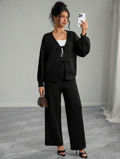 Momance Conjunto holgado de punto para mujer, top de unicolor con diseño de nudo delantero, chaqueta de cárdigan de punto de otoño/invierno con suéter y pantalones de unicolor, conjunto de suéter de maternidad