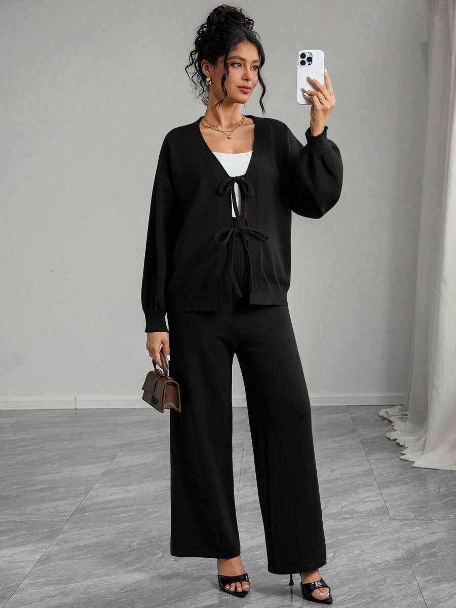 Momance 女士宽松针织套装，纯色上衣，前系带设计，秋冬开衫毛衣外套搭配纯色毛衣和裤子，孕妇毛衣套装 - 黑色 - 查看 1