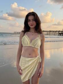 SHEIN 3件套少女时尚纯色沙滩度假比基尼套装，含披肩 - 杏色 - 查看 2