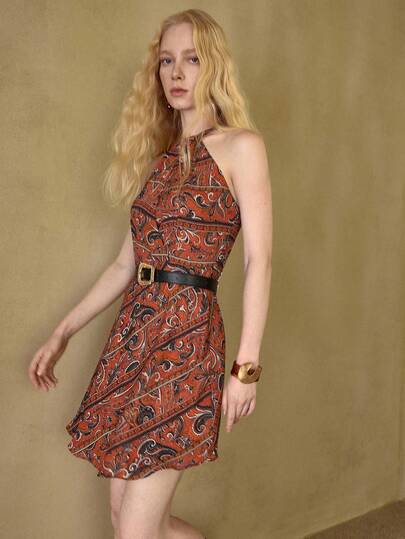 MOTF STUDIO WOMEN'S HALTER NECK PLANTS PRINT SHORT DRESS WITH BELT