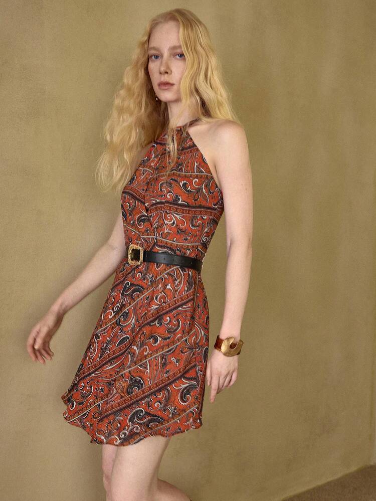 MOTF STUDIO WOMEN'S HALTER NECK PLANTS PRINT SHORT DRESS WITH BELT