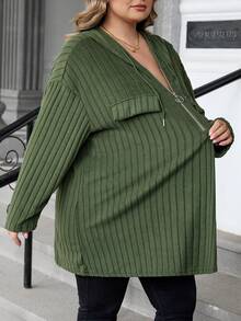 SHEIN CURVE+ Curve Plus Size Women Casual Loose Hooded Half Zip Metal Decor Ribbed Pullover T-Shirt, Autumn/Winter