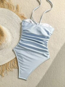 Soleia 大码女式夏季沙滩度假风纯色仿海星装饰褶皱扭结前片连体泳衣