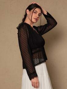 Freevana Áo cánh tay dài thêu ren đen thanh lịch lãng mạn cỡ lớn dành cho nữ - màu đen - Xem 3