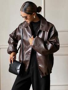 DAZY Chaqueta de cuero con cremallera estilo retro americano, abrigo de cuero versátil de corte holgado para mujer - Marrón - Ver 6