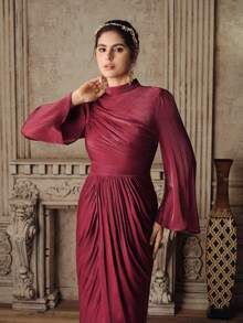 Anewsta Women's Long Pleated Bodycon Dress, Round Neck, Flared Long Sleeve, Glossy Wine Red, Elegant & Versatile For Party & Evening Wear - Burgundy - View 4