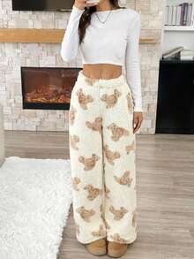 Tween Girl Casual Cartoon Pattern Drawstring Waist Teddy Fleece Long Pants, Autumn/Winter Cute Sweatpants Teddy Bear Print Pants