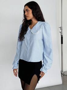 Siren Gaze Women's Front Button Long Sleeve Solid Color Patchwork Casual Blouse Winter Spring - Blue and White - View 3