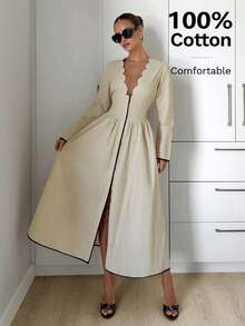 Siren Gaze 女士纯棉长袖连衣裙，休闲度假连衣裙，V领A字长裙，女士休闲装，女士沙滩裙，女士优雅连衣裙，秋季女士连衣裙，女士亚麻服装 - 杏色 - 查看 1