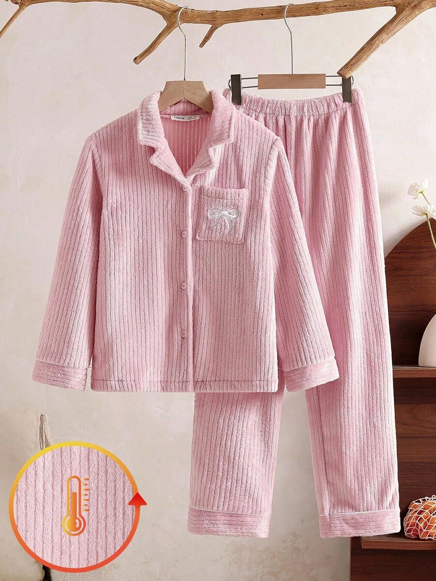 Girls' Casual Cute Bow Embroidered Contrast Trim Comfortable Long Sleeve Top And Pants 2 Pieces Pajama Set - Dusty Pink - View 1