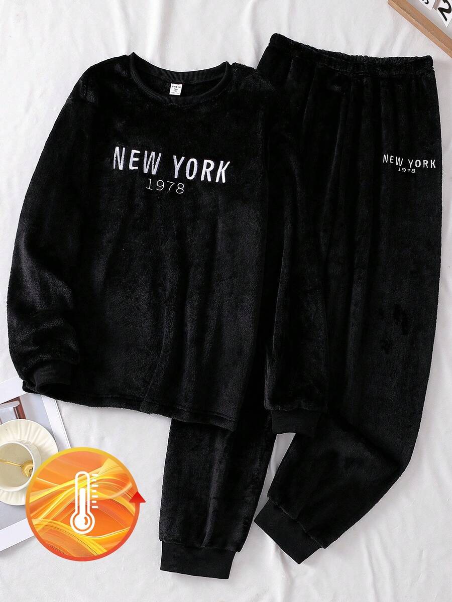 青少年男孩黑色羊毛长袖上衣和裤子睡衣套装，休闲英文和数字刺绣家居服，秋冬 - 黑色 - 查看 1