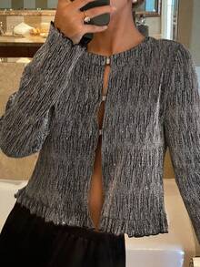 Livesso Élégante blouse avec bordure en dentelle noire brillante, convenant pour le Nouvel An, Noël, mariage, fête, occasions formelles. Cardigan chemise à lacets pour femmes, manches longues pour l'automne/hiver - Gris foncé - Voir 7