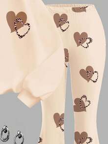 Completo casual da donna composto da felpa girocollo a maniche lunghe e pantaloni a zampa, in stile vintage minimalista con stampa leopardata a cuore, adatto per autunno/inverno, per uscite, stile di strada, casa, stile boho, festival musicali - Multicolore - Visualizzare 5