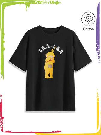 Teletubbies X ROMWE Damen lässiges, süßes T-Shirt mit Cartoon-Buchstaben-Grafik in Drop-Shoulder-Passform, Schulterausschnitt, Schwarz, modisch für den täglichen Gebrauch, Sommer