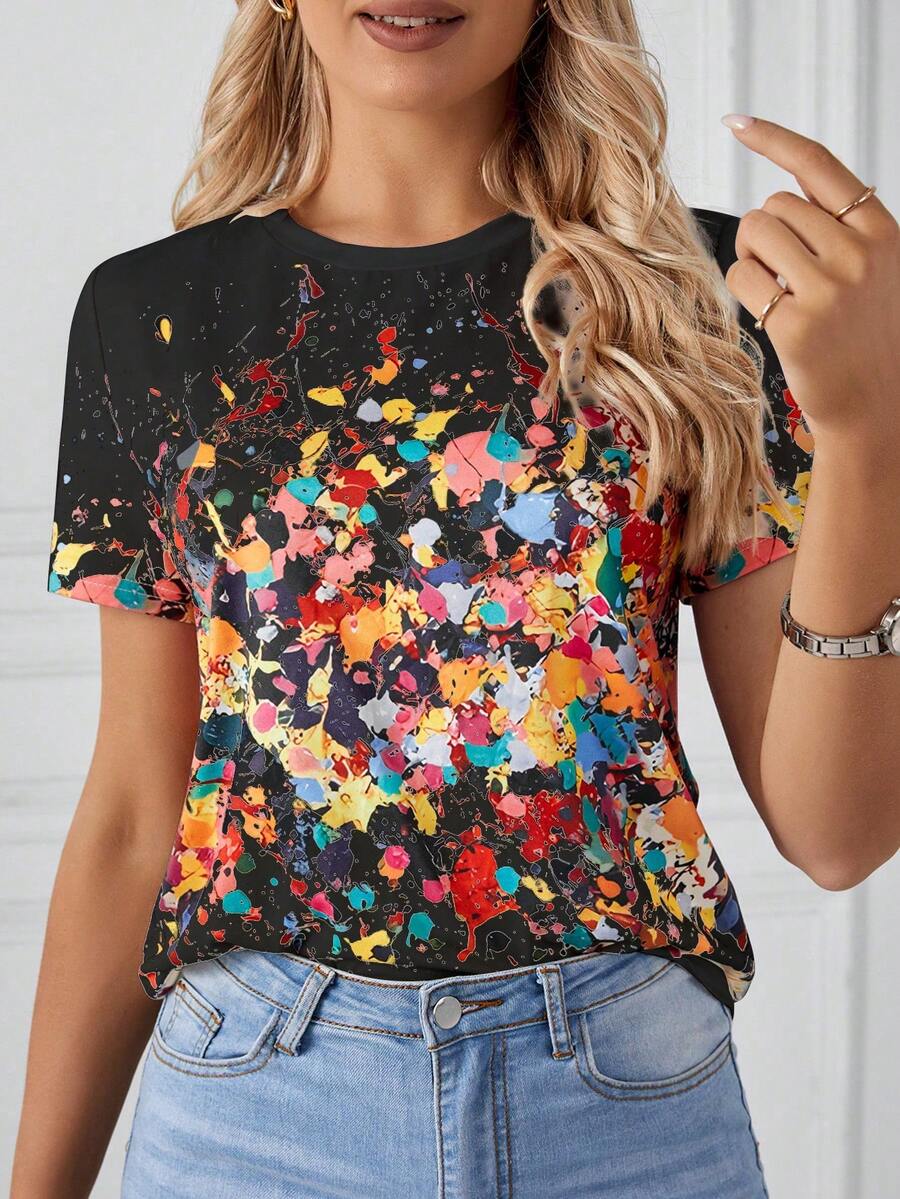 SHEIN LUNE Round Neck Ink-Splattered Print Short Sleeve T-Shirt Graphic Tees Women Tops - Black - View 1