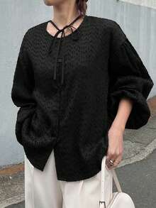 FRIFUL Women's Elegant Black Autumn Blouse,Round Neck Drop Shoulder Long Sleeve Pleated Drawstring Bow Tie Loose Casual Versatile Top For Brunch,Winter - Black - View 1