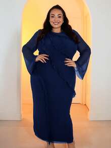 Pretty and Ole 大码女式圆领长袖网眼紧身连衣裙，适合鸡尾酒会、浪漫约会、婚礼、伴娘、晚宴、万圣节、圣诞节、秋冬 - 藏蓝色 - 查看 5