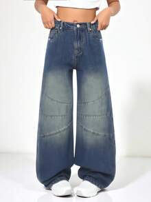 SHEIN Jeans pour préadolescentes Y2K, jeans en denim délavé à taille haute, coupe droite décontractée, inspiration vintage, esthétique rétro avec une ambiance décontractée, convient pour la rentrée scolaire, le streetwear, la tenue de tous les jours, automne/hiver