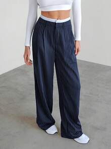SHEIN Tall Quần ống rộng kẻ sọc xếp ly có cạp chun phối màu cho nữ mùa thu/đông - Màu xanh hải quân - Xem 4