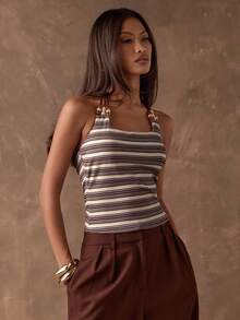 SHEIN BAE Women's Brown Striped Backless Beaded Patchwork Slim-Fit Camisole,Bohemian Style Music Festival Tank Top,Beige,Summer,Boho Chic,Vacation,Holiday - Brown - View 6