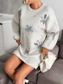 EURMUSE Embroidered Floral Knit Sweater With 3D Blue Flower Appliques And Pearl Embellishments Sweater Dress Floral Applique Dress Jumper Dress Daisy Dress Flower Dress / Vintage Chic Fashionable Elegant Metal Button Open Front Solid Color Opaque Sleeveless Round Crew Neck Business Jacket Work Outfits Waistcoat Slim Modest Minimalana Casaul Top Tank Knit Vest Sweater For Women Crew Neck Plain Dolman Fashion Casual Loose Cozy Solid Outfit Lounge Long Sleeve Pullover Wide Leg Pants Tracksuit Cable Knit Sw,Jumpers,Women's Jumpers - Beige - View 6