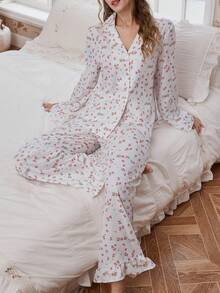 Romantisches Blumen INS bequemes Baumwoll-Webstoff Knopfleiste Loose Damen Pyjama Set, Frühling/Herbst - Verschiedenfarbig - Übersicht 1