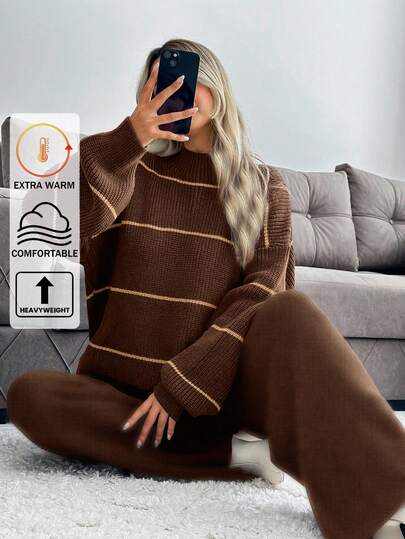 EURMUSE Women's Oversized Round Neck Drop Shoulder Long Sleeve Striped Casual Sweater And Pants Two Pieces Knitwear Set, Autumn/Winter,Co Ord